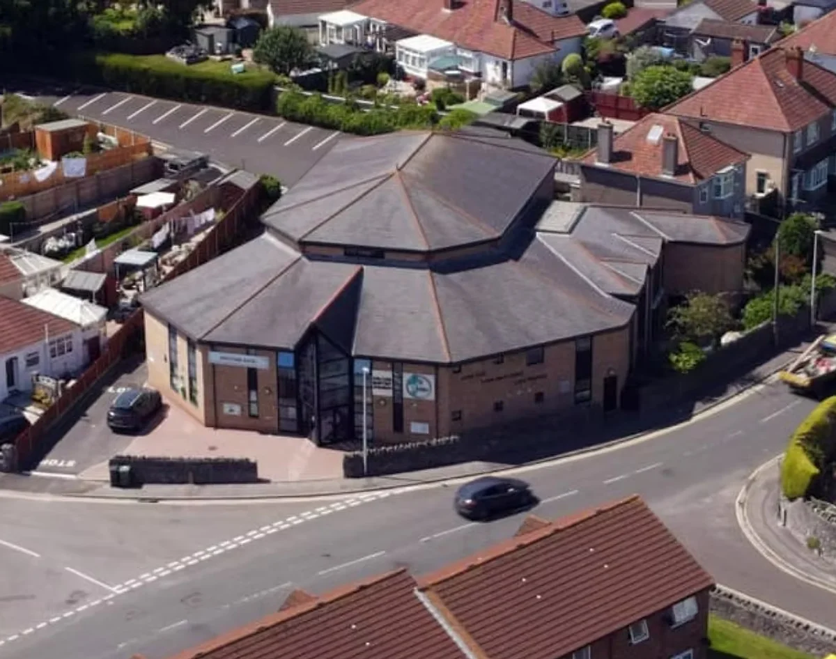 Aerial view of Milton Baptist Church and the surrounding neighbourhood